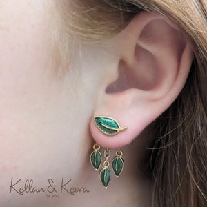 Chic Green Leaf Front Back Earrings - 3D Dangle Style in Gold or Silver Tones - Hypoallergenic Stainless Steel Nickel-Free