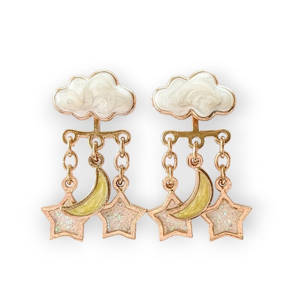 Night Sky Front Back Earrings Hand Painted Pearl White Cloud and Yellow Crescent Moon with Stars Ear Jackets Unique Genderless Jewelry