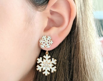 Glittering Snowflake Front-Back Earrings - Unique Handcrafted Design - Hypoallergenic Stainless Steel Posts - Winter Wonderland Jewelry