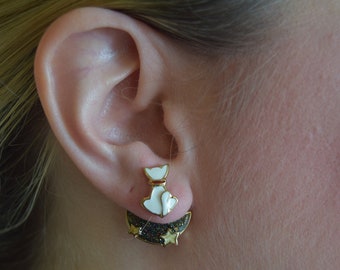 Cat on the moon earrings. Cat and moon earrings. Cat earrings. Cat on Crescent Earrings. Cat Ear Jackets. Cat Lady Earrings.Fun Cat Earrings