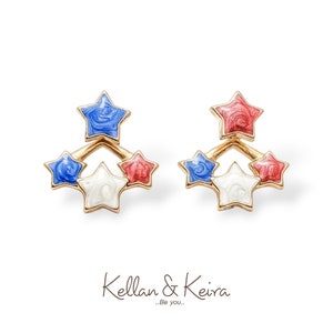 4th of July Star Earrings Independence Day Ear Jackets Hand Painted Stars in Red, White & Blue Hypoallergenic Nickel Free US Flag Earrings.