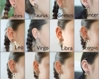 Zodiac Sign & Star Constellation Earrings Unique Front Back Style Hypoallergenic, Nickel Free Ear Jackets Unisex Jewelry.