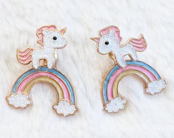 Unicorn Over The Rainbow FrontBack Earrings Hand-painted Enamel Unicorn and Rainbow Ear Jackets Hypoallergenic Choice of Pastel Pink or Blue