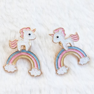 Unicorn Over The Rainbow FrontBack Earrings Hand-painted Enamel Unicorn and Rainbow Ear Jackets Hypoallergenic Choice of Pastel Pink or Blue