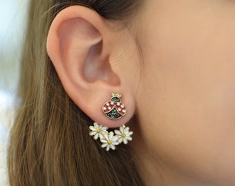 Ladybug earrings. Spring Earrings. Daisy Earrings. Ladybug Ear Jackets. April Birth Flower Earrings. Mother's Day Gift. Gift For Her. Daisy