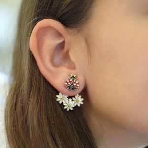 Ladybug Ear Jackets: Hand Painted Enamel Daisy Earrings