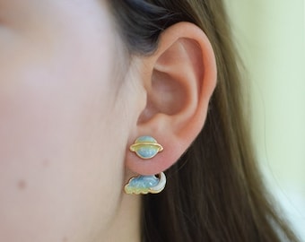 Saturn Earrings. Saturn Planet Earrings. Universe Earrings. Space Ear Jackets. Solar Space Earrings. Saturn Ear Jackets. Hand Painted Enamel