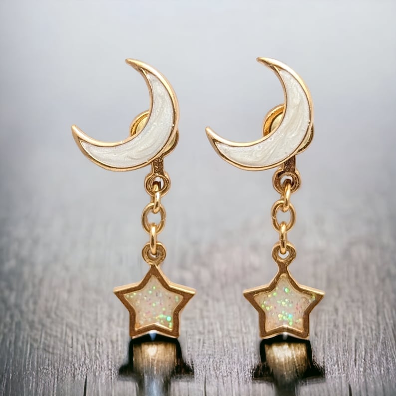 Crescent Moon & Star FrontBack Earrings Unique Starry Night Ear Jackets Hypoallergenic Nickel Free Studs Fun FrontBack Moon Star Earrings. White moon +1 star