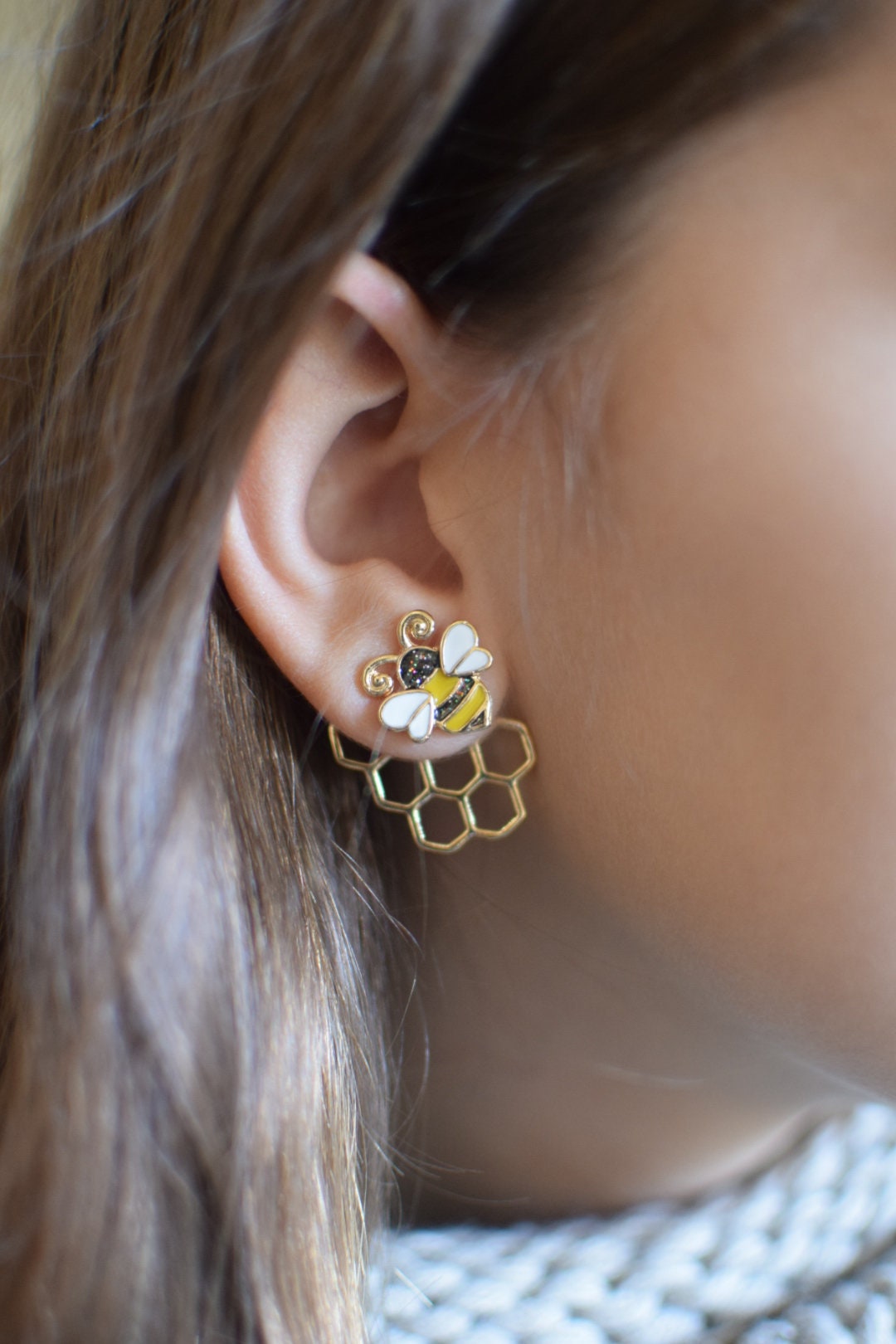 Honey Bee Earrings / Bee Lover/Bee Ear Jackets / Bee Hive Earrings / …