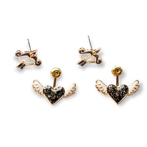 Bow and Arrow earrings. Cupid's Arrow Earrings. Heart Earrings. Cupid Earrings. Heart with wings Earrings. Valentine's Earrings. Fun earring image 9