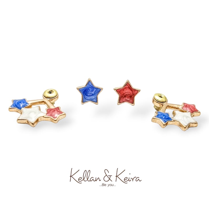 4th of July Star Earrings Independence Day Ear Jackets Hand Painted Stars in Red, White & Blue Hypoallergenic Nickel Free US Flag Earrings. image 5