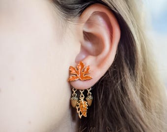 Fall Maple Leaf Dangle Earrings Hypoallergenic Nickel-Free Hand-Painted Enamel Nature Inspired in Orange, Brown, Green, White