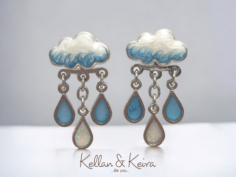 Original Cloud and Raindrop Front-Back Earrings Hand-Painted Enamel in Gold and Silver Finish Hypoallergenic Nickel-Free Giftable Jewelry Silver / Blue