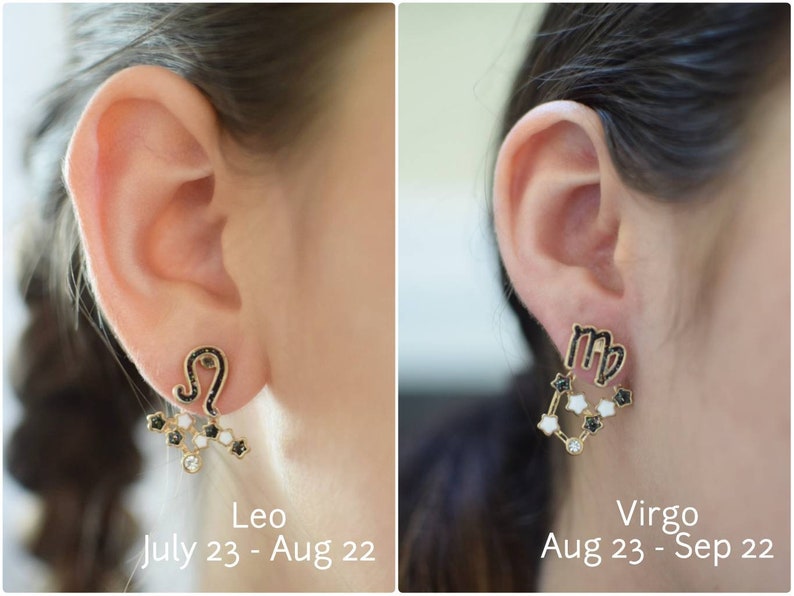 Model showcasing unique Zodiac Sign Ear Jackets. Front features a detailed zodiac sign, while the back dangles with a constellation of sparkling stars. Hypoallergenic and nickel-free, these earrings add a touch of celestial charm to any outfit.