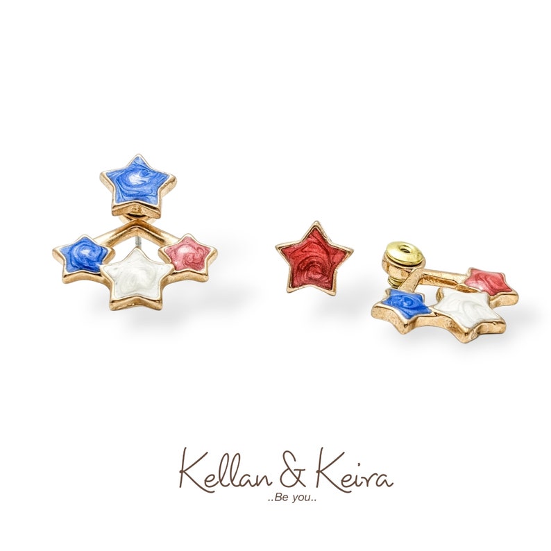 4th of July Star Earrings Independence Day Ear Jackets Hand Painted Stars in Red, White & Blue Hypoallergenic Nickel Free US Flag Earrings. image 2