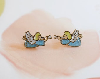 Hand Painted Enamel Angel Earrings, Christmas Jewelry