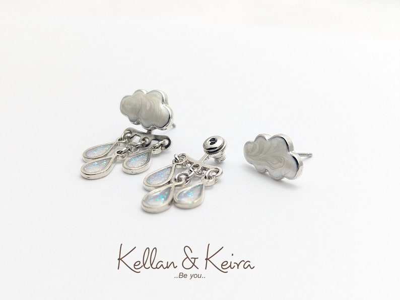 Original Cloud and Raindrop Front-Back Earrings Hand-Painted Enamel in Gold and Silver Finish Hypoallergenic Nickel-Free Giftable Jewelry image 10