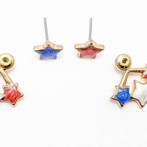 Close-up view of 4th of July earrings, focusing on the hypoallergenic and nickel-free materials.