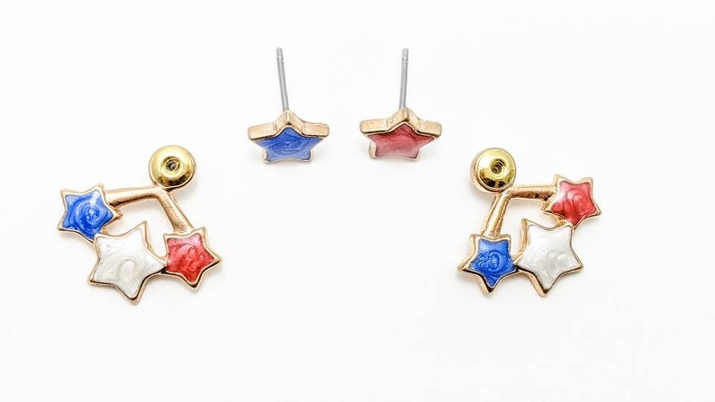 Close-up view of 4th of July earrings, focusing on the hypoallergenic and nickel-free materials.