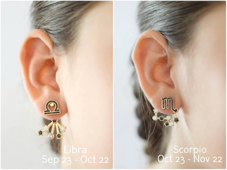 Model showcasing unique Zodiac Sign Ear Jackets. Front features a detailed zodiac sign, while the back dangles with a constellation of sparkling stars. Hypoallergenic and nickel-free, these earrings add a touch of celestial charm to any outfit.