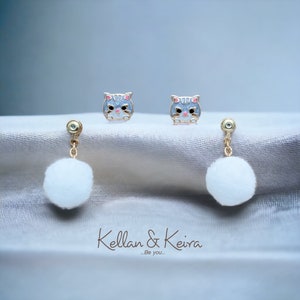Cat earrings. Cat and Yarn Earrings. Cat with Pom Pom earrings. Cute Cat Earrings. Unique Cat Earrings. Cat Lady Earrings. Cat and ball