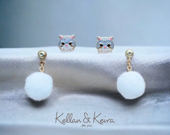 Cat earrings. Cat and Yarn Earrings. Cat with Pom Pom earrings. Cute Cat Earrings. Unique Cat Earrings. Cat Lady Earrings. Cat and ball