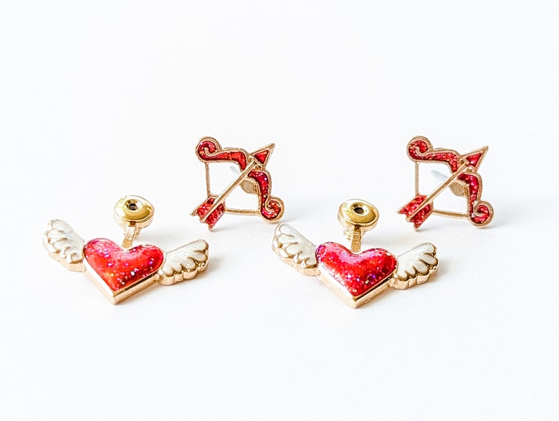 Bow and Arrow earrings. Cupid's Arrow Earrings. Heart Earrings. Cupid Earrings. Heart with wings Earrings. Valentine's Earrings. Fun earring image 2