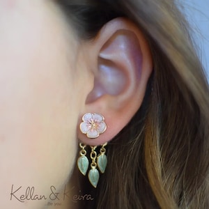 Original Design Pink Cherry Blossom Studs with Dangling Green Leaves Front Back Style Hypoallergenic Nickel Free Ear Jackets Stylish Jewelry