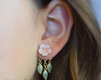 Original Design Pink Cherry Blossom Studs with Dangling Green Leaves Front Back Style Hypoallergenic Nickel Free Ear Jackets Stylish Jewelry