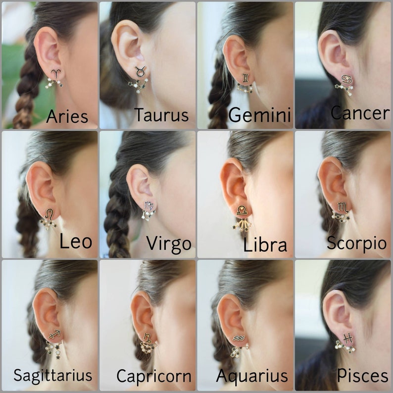 Model showcasing unique Zodiac Sign Ear Jackets. Front features a detailed zodiac sign, while the back dangles with a constellation of sparkling stars. Hypoallergenic and nickel-free, these earrings add a touch of celestial charm to any outfit.