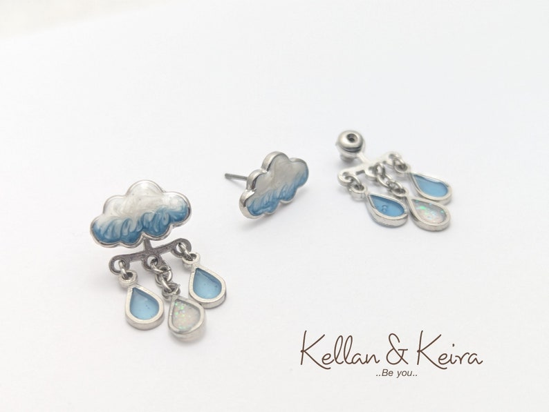 Original Cloud and Raindrop Front-Back Earrings Hand-Painted Enamel in Gold and Silver Finish Hypoallergenic Nickel-Free Giftable Jewelry image 8