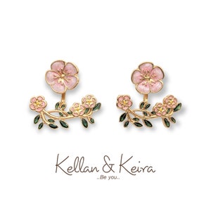 3D Cherry Blossom Earrings, Unique Front-Back Design, Flower Front with Branch & Flowers Back. Hypoallergenic, Nickel-Free Ear Jackets.