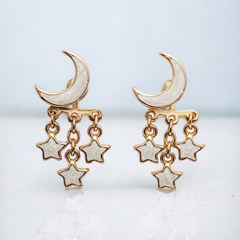 Crescent Moon & Star FrontBack Earrings Unique Starry Night Ear Jackets Hypoallergenic Nickel Free Studs Fun FrontBack Moon Star Earrings. White moon + 3 stars