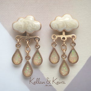 Original Cloud and Raindrop Front-Back Earrings Hand-Painted Enamel in Gold and Silver Finish Hypoallergenic Nickel-Free Giftable Jewelry Gold / White