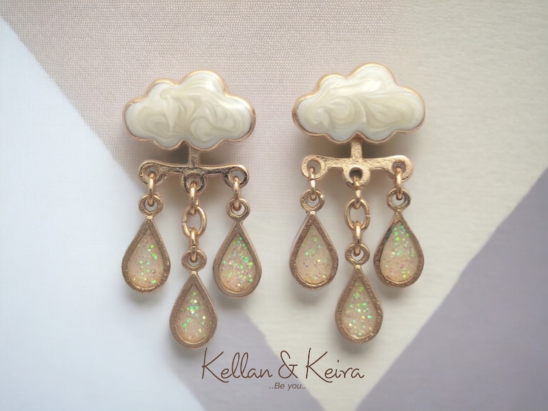 Original Cloud and Raindrop Front-Back Earrings Hand-Painted Enamel in Gold and Silver Finish Hypoallergenic Nickel-Free Giftable Jewelry Gold / White