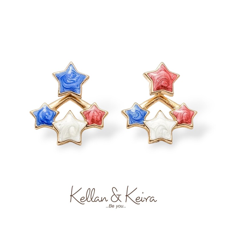 4th of July Star Earrings Independence Day Ear Jackets Hand Painted Stars in Red, White & Blue Hypoallergenic Nickel Free US Flag Earrings. image 1