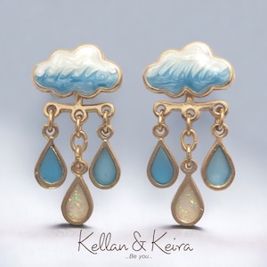 Original Cloud and Raindrop Front-Back Earrings Hand-Painted Enamel in Gold and Silver Finish Hypoallergenic Nickel-Free Giftable Jewelry Gold / Blue