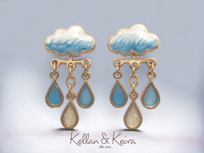 Original Cloud and Raindrop Front-Back Earrings Hand-Painted Enamel in Gold and Silver Finish Hypoallergenic Nickel-Free Giftable Jewelry Gold / Blue