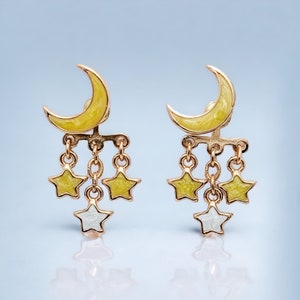 Crescent Moon & Star FrontBack Earrings Unique Starry Night Ear Jackets Hypoallergenic Nickel Free Studs Fun FrontBack Moon Star Earrings. Yellow moon +3 stars