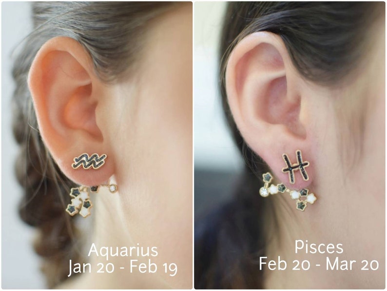 Model showcasing unique Zodiac Sign Ear Jackets. Front features a detailed zodiac sign, while the back dangles with a constellation of sparkling stars. Hypoallergenic and nickel-free, these earrings add a touch of celestial charm to any outfit.