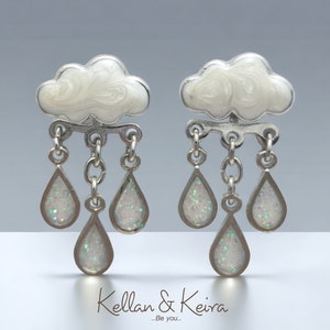 Original Cloud and Raindrop Front-Back Earrings Hand-Painted Enamel in Gold and Silver Finish Hypoallergenic Nickel-Free Giftable Jewelry Silver / White