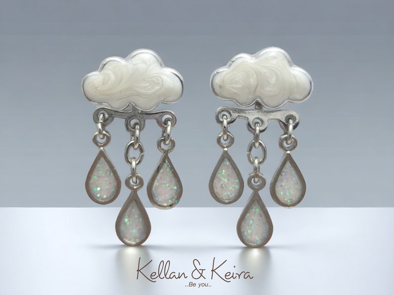 Original Cloud and Raindrop Front-Back Earrings Hand-Painted Enamel in Gold and Silver Finish Hypoallergenic Nickel-Free Giftable Jewelry Silver / White