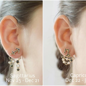 Model showcasing unique Zodiac Sign Ear Jackets. Front features a detailed zodiac sign, while the back dangles with a constellation of sparkling stars. Hypoallergenic and nickel-free, these earrings add a touch of celestial charm to any outfit.