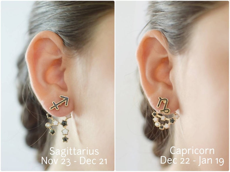 Model showcasing unique Zodiac Sign Ear Jackets. Front features a detailed zodiac sign, while the back dangles with a constellation of sparkling stars. Hypoallergenic and nickel-free, these earrings add a touch of celestial charm to any outfit.