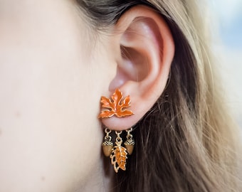 Seasonal Maple Leaf Front Back Earrings with Pine Cones. Hypoallergenic Surgical Steel, Hand-Painted, Nickel Free - Gift for Nature Lovers
