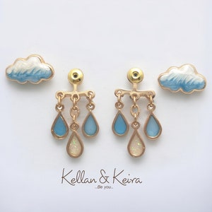 Original Cloud and Raindrop Front-Back Earrings Hand-Painted Enamel in Gold and Silver Finish Hypoallergenic Nickel-Free Giftable Jewelry image 3