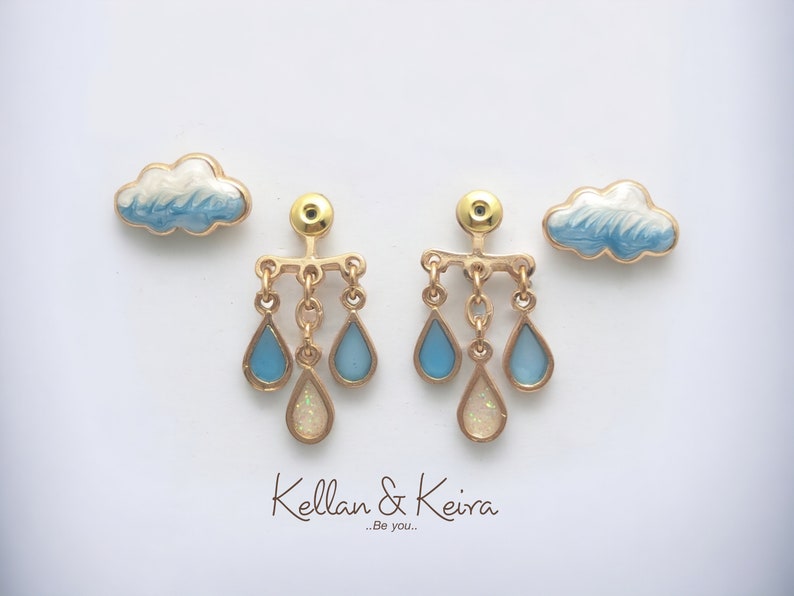 Original Cloud and Raindrop Front-Back Earrings Hand-Painted Enamel in Gold and Silver Finish Hypoallergenic Nickel-Free Giftable Jewelry image 3