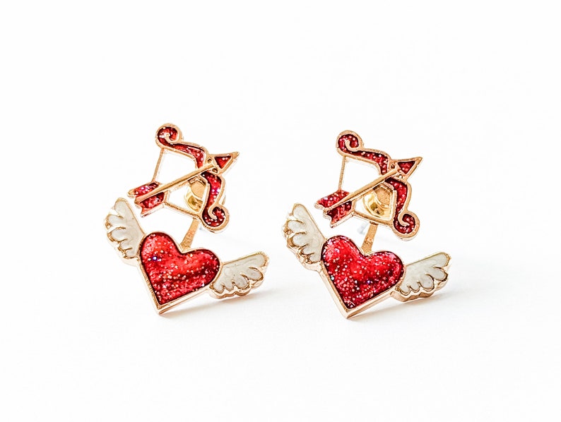 Bow and Arrow earrings. Cupid's Arrow Earrings. Heart Earrings. Cupid Earrings. Heart with wings Earrings. Valentine's Earrings. Fun earring image 1