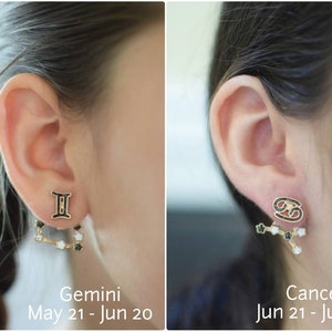 Model showcasing unique Zodiac Sign Ear Jackets. Front features a detailed zodiac sign, while the back dangles with a constellation of sparkling stars. Hypoallergenic and nickel-free, these earrings add a touch of celestial charm to any outfit.