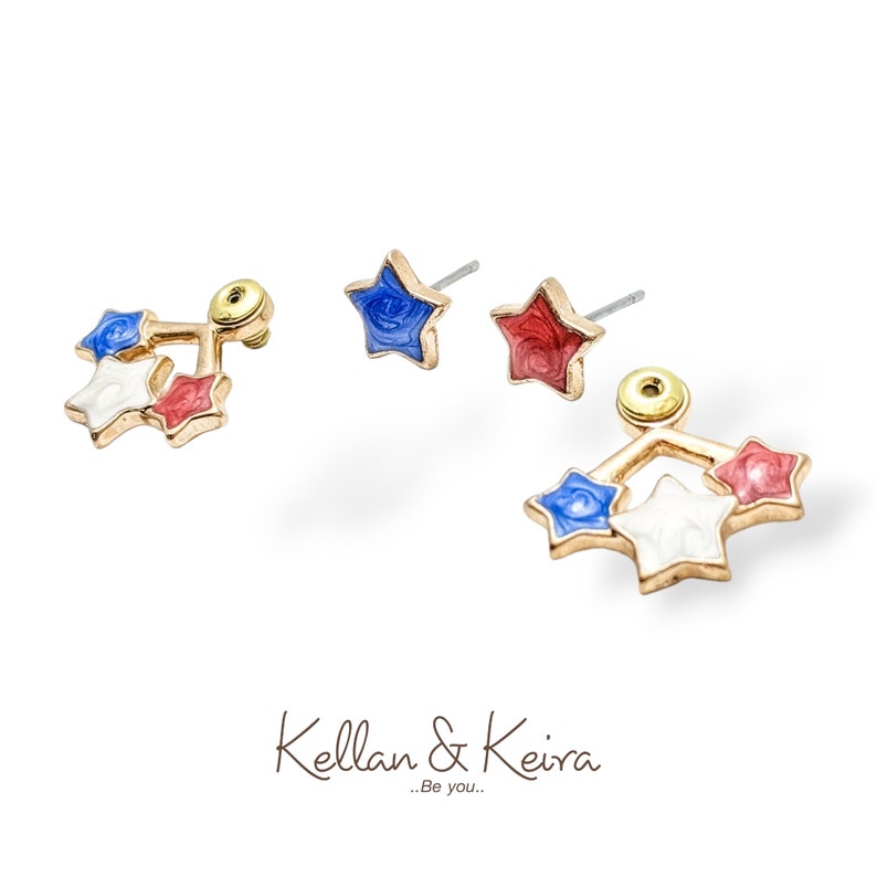 4th of July Star Earrings Independence Day Ear Jackets Hand Painted Stars in Red, White & Blue Hypoallergenic Nickel Free US Flag Earrings. image 6